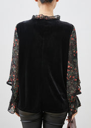 Boho Black Print Ruffled Patchwork Velour Chiffon Shirt Spring