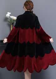Boho Black Red Stand Collar Patchwork Wool Coat Winter