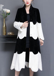 Boho Black Red Stand Collar Patchwork Wool Coat Winter
