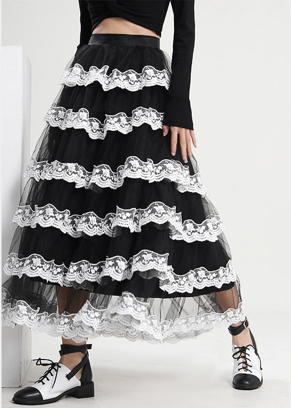 Boho Black Ruffled Patchwork Tulle Skirt Spring