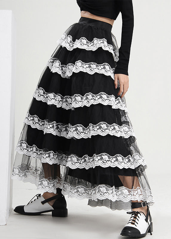 Boho Black Ruffled Patchwork Tulle Skirt Spring