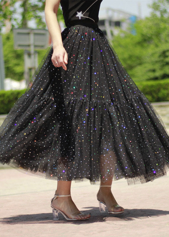 Boho Black Sequins Patchwork tulle Skirt Spring