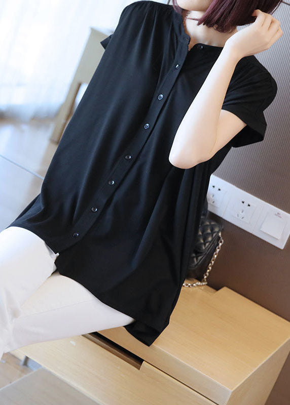 Boho Black Stand Collar Oversized Button Cotton Shirt Short Sleeve