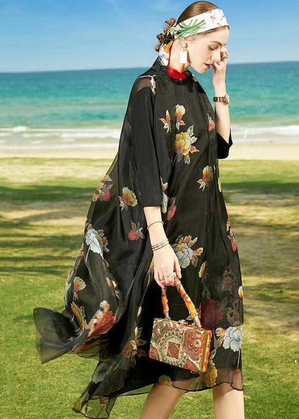 Boho Black Stand Collar Patchwork Holiday Silk Two Pieces Set Summer