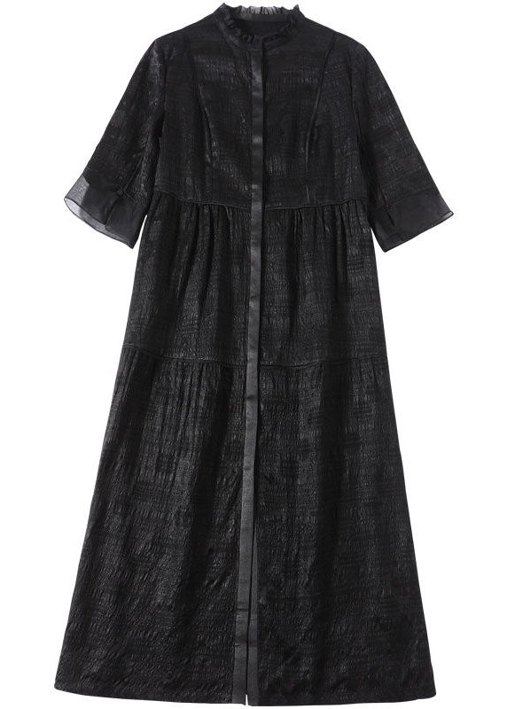 Boho Black Stand Collar Patchwork Ruffled Silk Dress Summer