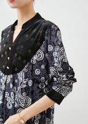 Boho Black V Neck Patchwork Print Silk Velour Long Shirt Fall