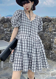 Boho Black White Plaid Patchwork Vacation Dress Summer - SooLinen
