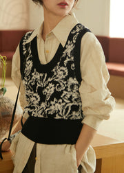 Boho Black White Print U Neck Knitted Cotton Sweaters Waistcoat Sleeveless