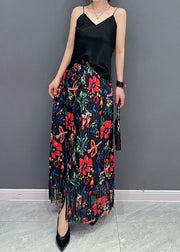 Boho Black Wrinkled Tasseled Floral Print Cotton Skirts Spring