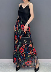 Boho Black Wrinkled Tasseled Floral Print Cotton Skirts Spring