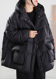 Boho schwarze Entendaunen-Wintermäntel mit Reißverschluss und Kordelzug