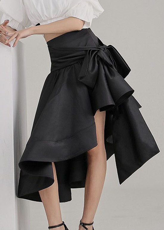 Boho Black tie waist Asymmetrical Satin pleated skirt Spring
