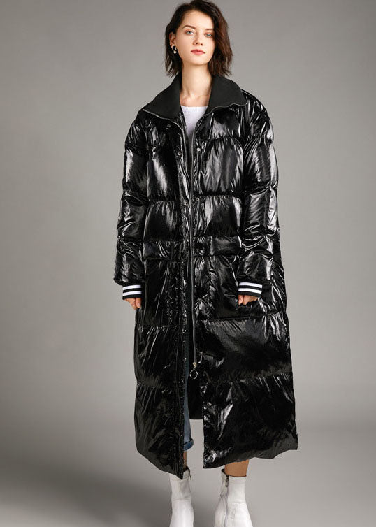 Boho Black zippered Pockets long Winter Duck Down coat
