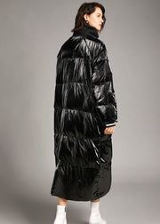 Boho Black zippered Pockets long Winter Duck Down coat