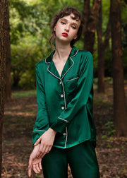 Boho Blackish Green Notched Collar Button Ice Silk Pajamas Two Piece Suit Set Spring