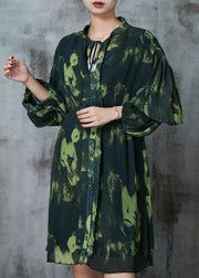 Boho Blackish Green Tie Dye Pleated Dress Spring