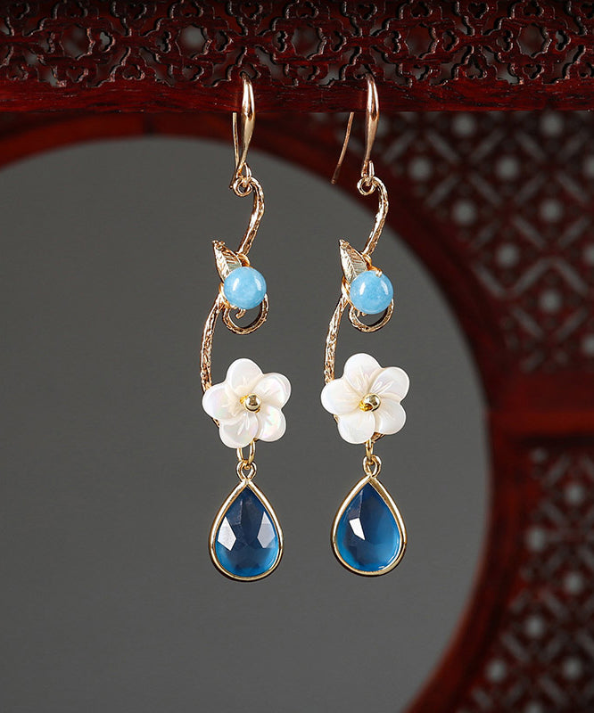 Boho Blue Copper Crystal Coloured Glaze Pearl Shell Flowwer Water Drop Drop Earrings