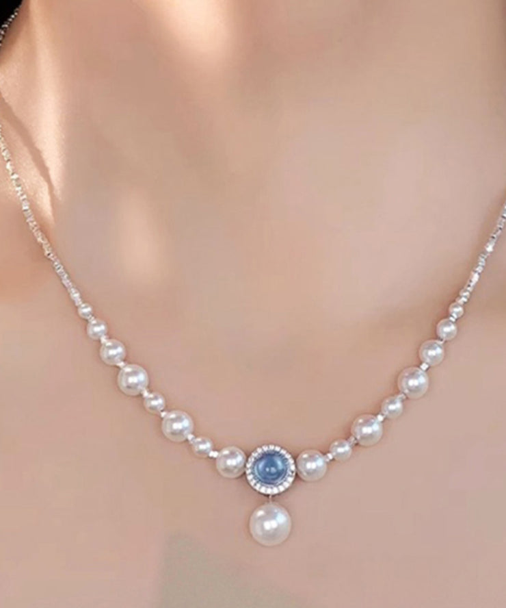 Boho Blue Copper Silver Plating Pearl Broken Silver Gem Stone Pendant Necklace