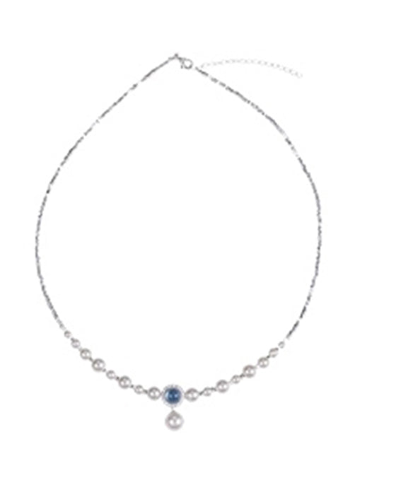 Boho Blue Copper Silver Plating Pearl Broken Silver Gem Stone Pendant Necklace