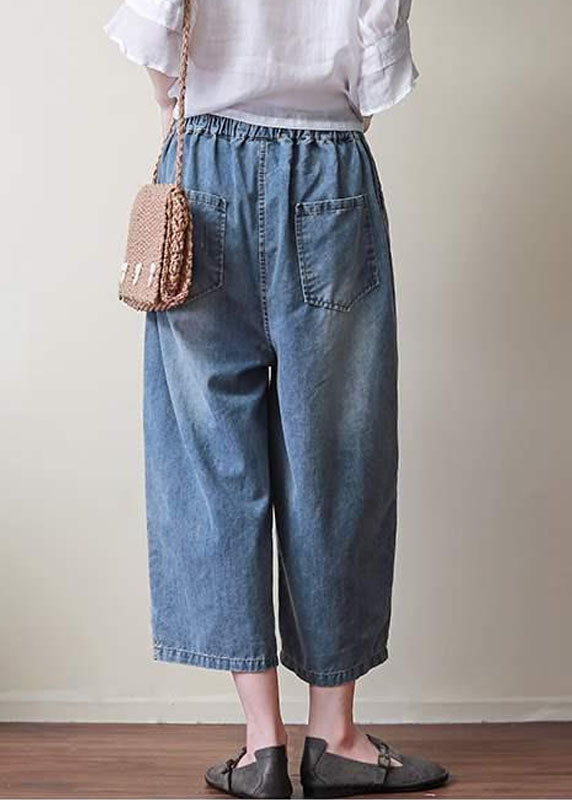 Boho Blau Elastische Taille Taschen Patchwork Applikation Loch Baumwolle Crop Pants Sommer
