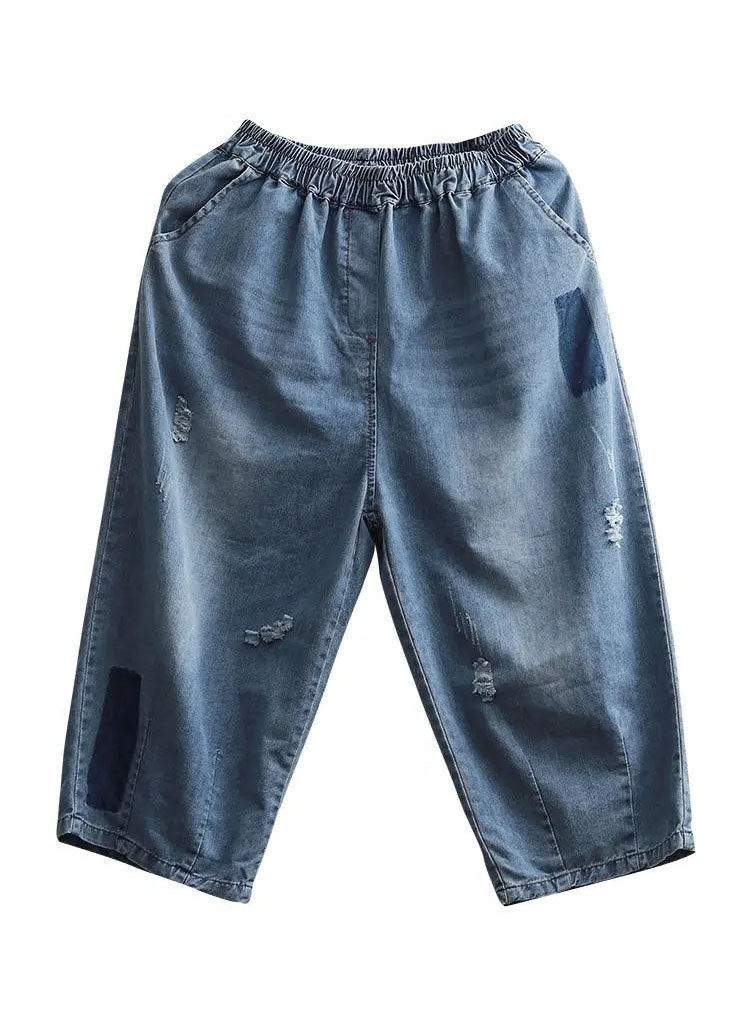 Boho Blue Elastic Waist Pockets Patchwork Applique Hole Cotton Crop Pants Summer