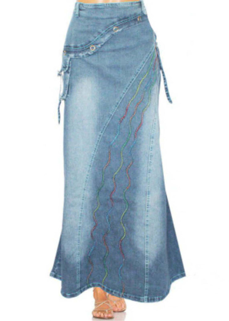 Boho Blue Embroidered Patchwork Denim Skirts Summer