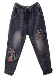 Boho Blue Embroidered Pockets Patchwork High Waist Denim Pants Spring