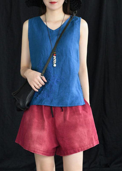 Boho Blue Embroideried Sleeveless Linen Shirt Tops Summer - SooLinen