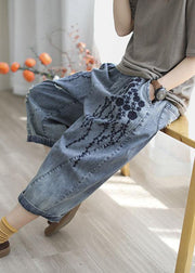 Boho Blue Embroideried Summer Denim Pants - SooLinen