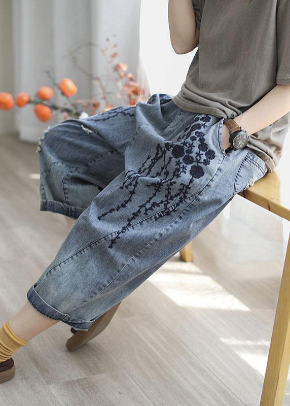 Boho Blue Embroideried Summer Denim Pants - SooLinen