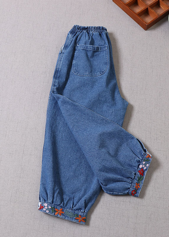 Boho Blue Embroidered denim Pants Spring