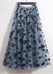 Boho Blue Grey Elastic Waist Print Tulle A Line Skirts Spring