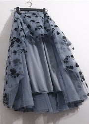 Boho Blue Grey Elastic Waist Print Tulle A Line Skirts Spring