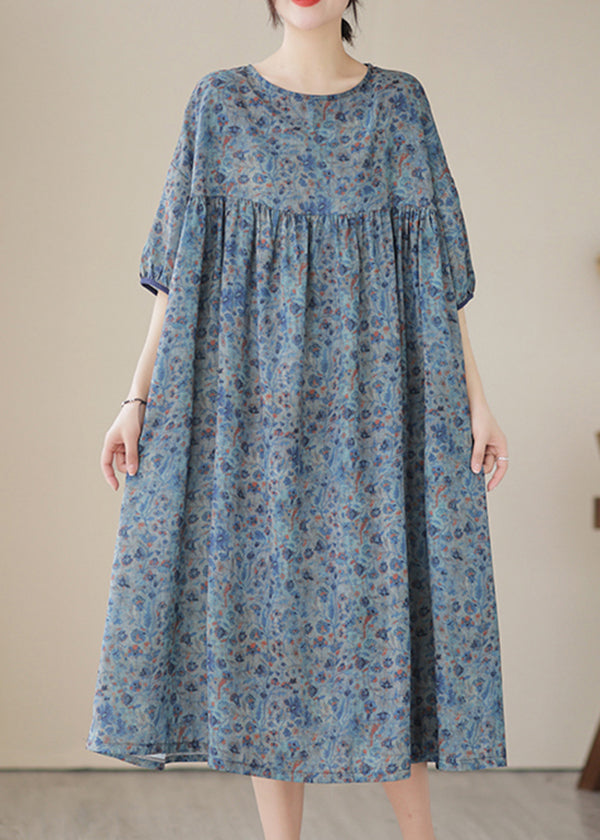 Boho Blue Grey Oversized Print Linen Maxi Dresses Summer