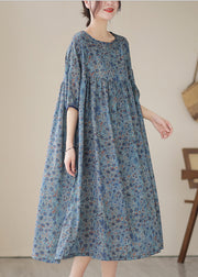 Boho Blue Grey Oversized Print Linen Maxi Dresses Summer