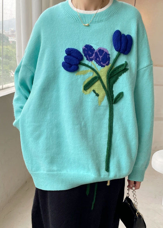 Boho Blue Loose Floral Knit Sweaters Winter