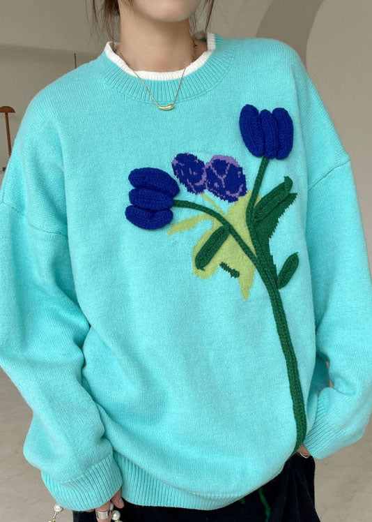 Boho blauer lockerer Strickpullover mit Blumenmuster Winter