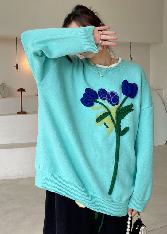 Boho Blue Loose Floral Knit Sweaters Winter