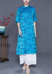 Boho Blue Mandarin Collar Print Tassel Silk Robe Dresses Summer
