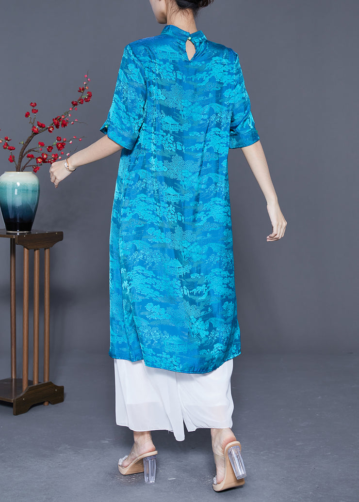 Boho Blue Mandarin Collar Print Tassel Silk Robe Dresses Summer