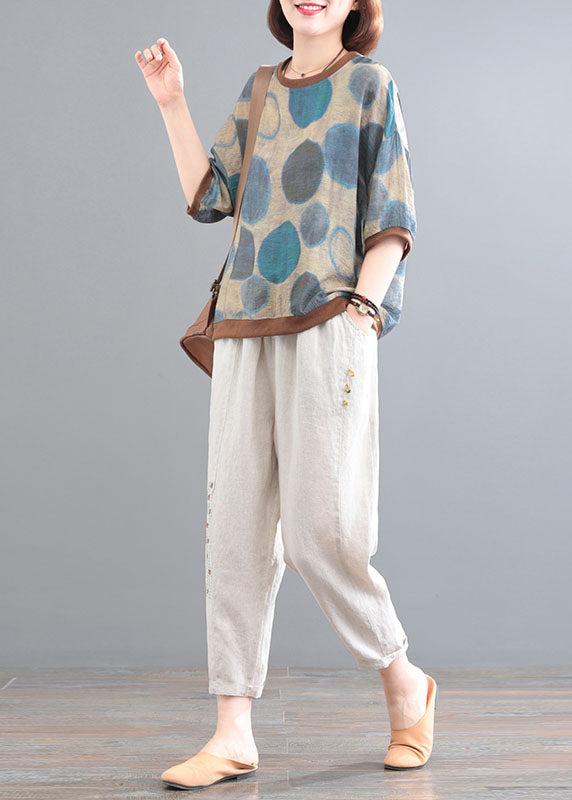 Boho Blue O-Neck Dot Print Linen Tops And Pants Two Pieces Set Summer