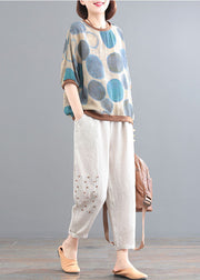 Boho Blue O-Neck Dot Print Linen Tops And Pants Two Pieces Set Summer