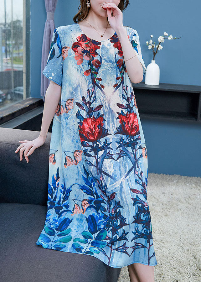 Boho Blue O Neck Print Patchwork Chiffon Dresses Summer