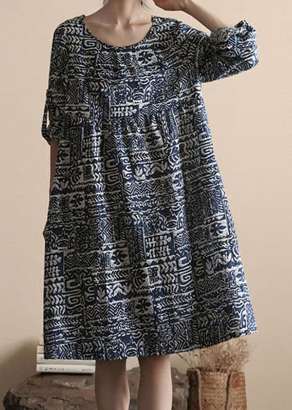 Boho Blue O Neck Print Patchwork Linen Dress Long Sleeve