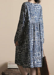 Boho Blue O Neck Print Patchwork Linen Dress Long Sleeve