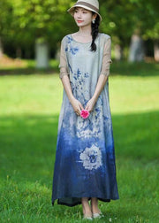 Boho Blue O Neck Print Patchwork Linen Long Dress Summer