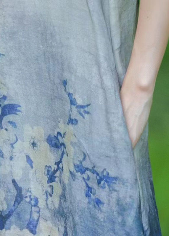 Boho Blue O Neck Print Patchwork Linen Long Dress Summer