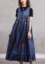 Boho Blue O-Neck Ruffled Embroidered Patchwork Cotton Denim Dress Sleeveless