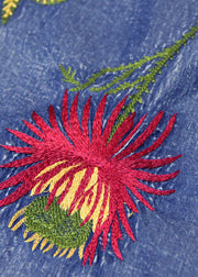 Boho Blue O-Neck Ruffled Embroidered Patchwork Cotton Denim Dress Sleeveless