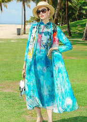Boho Blue O-Neck Tasseled Print Silk Two Piece Set Outfits Summer